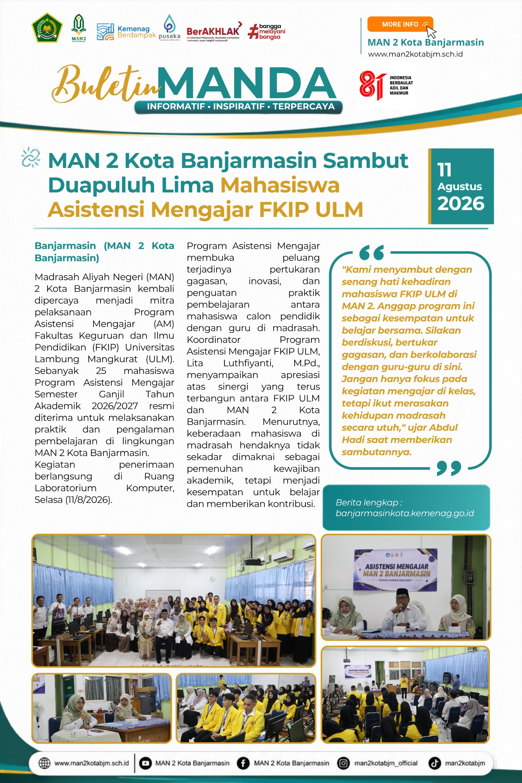 MAN 2 BJM Sambut Asistensi Mengajar ULM
