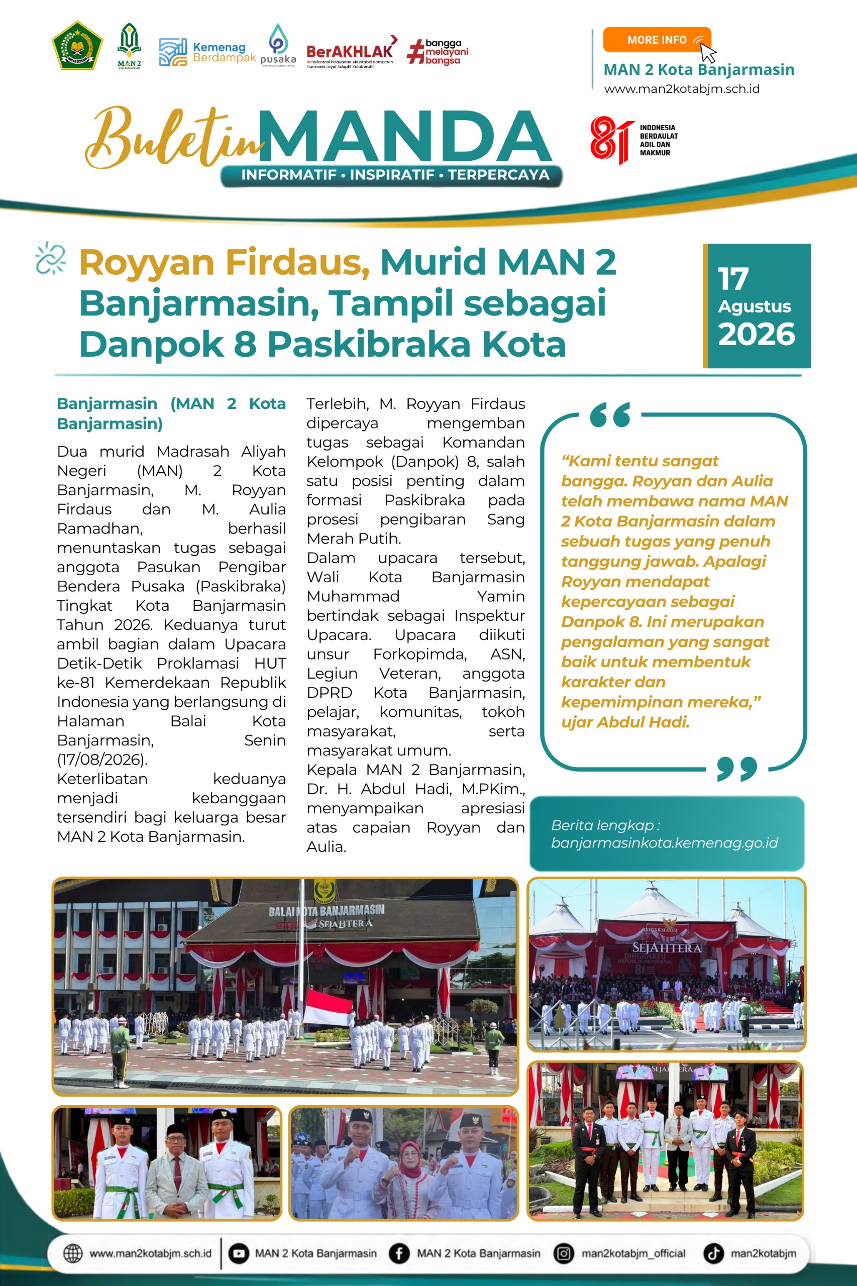 3 Murid MAN 2 sebagai paskibraka provinsi