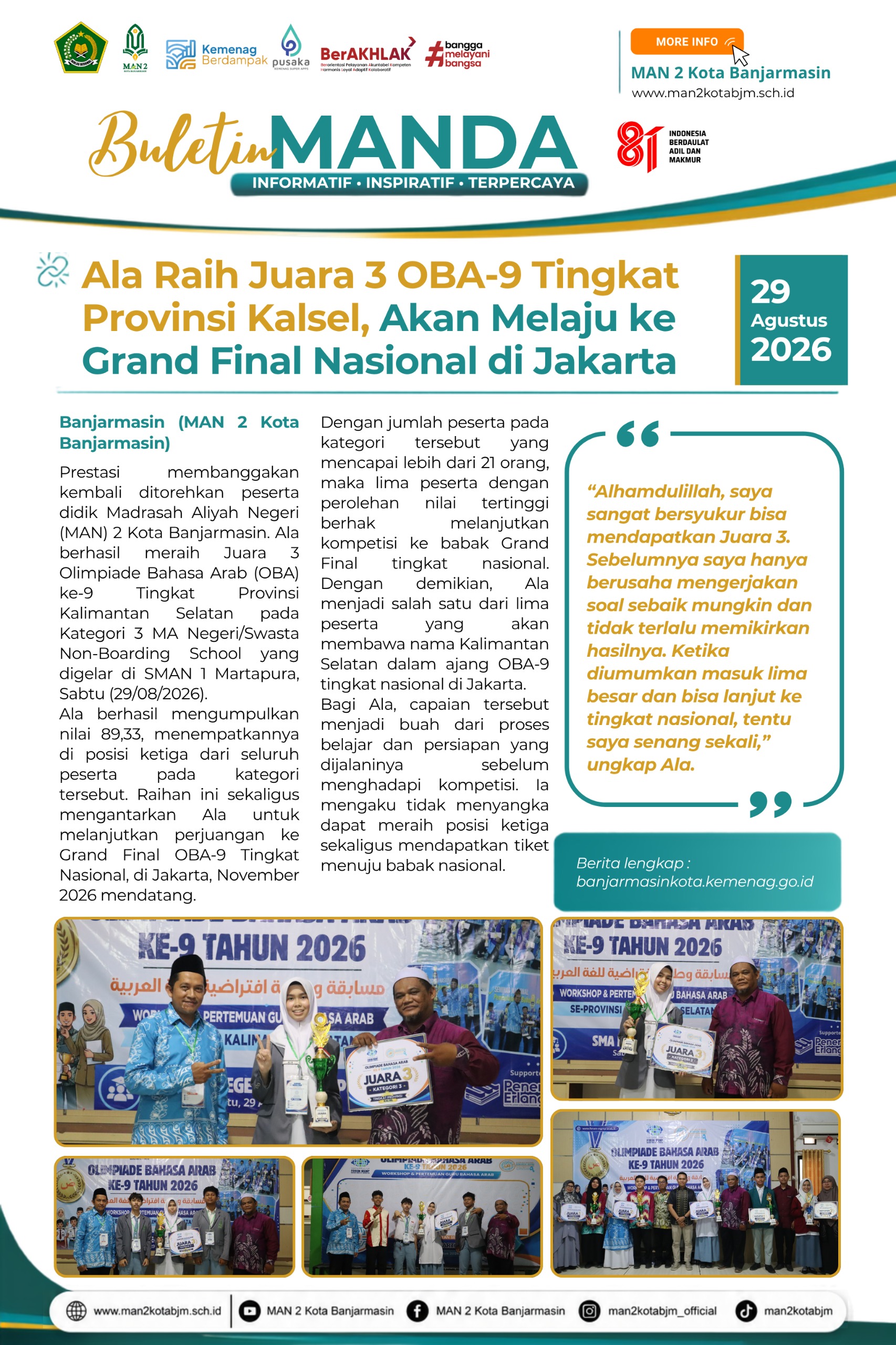 Juaran 3 Olimpiade Bahasa Arab Tingkat Provinsi